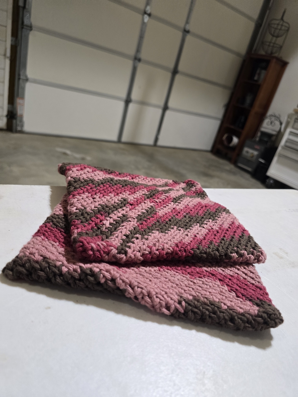 Striped Pink & Brown Crochet Dishcloth Pair